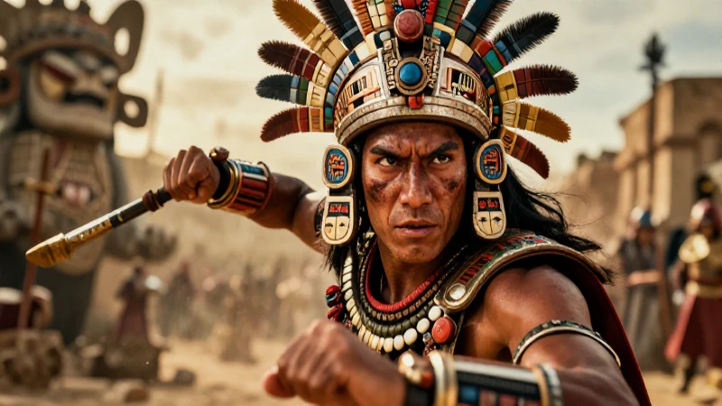 Descubre los Mitos y Leyendas de los Guerreros Fascinantes 1 Guerrero azteca, intensidad en batalla, luz dorada