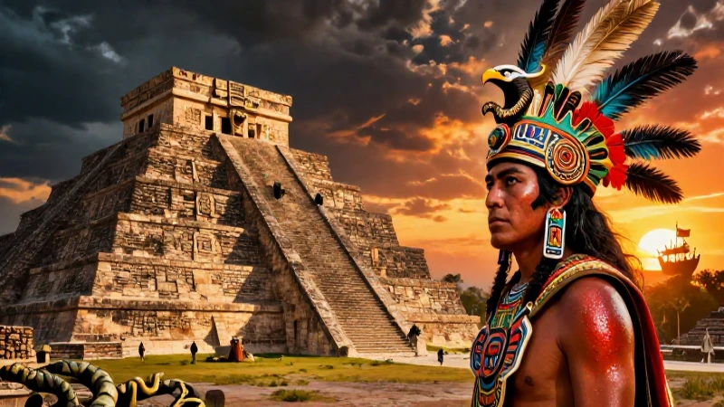 Guerrero azteca en ruinas, amanecer épico