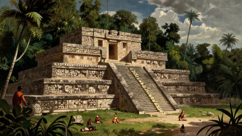 Ruinas aztecas en selva, con luz cálida