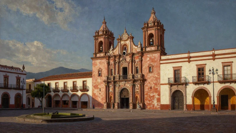 Pintura de plaza colonial mexicana con claroscuro