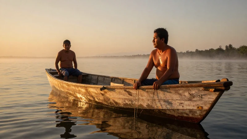 Pescador mestizo en laguna, hora dorada