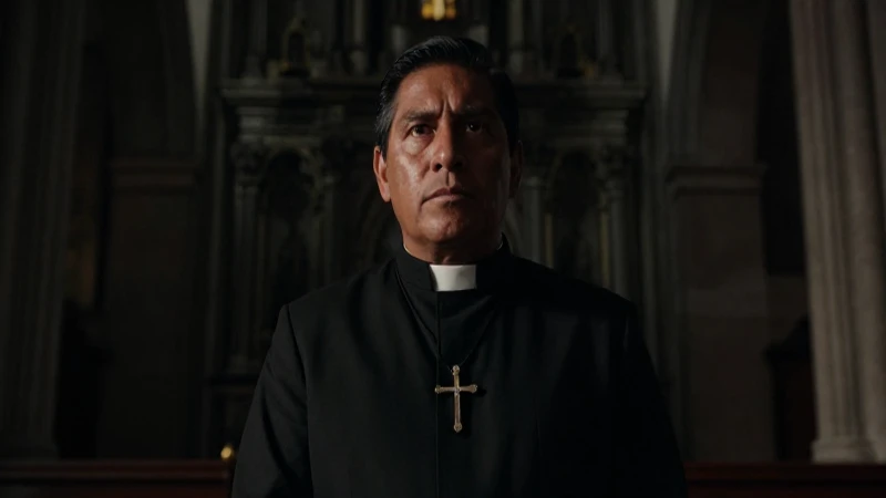 Sacerdote mestizo en iglesia gótica oscura