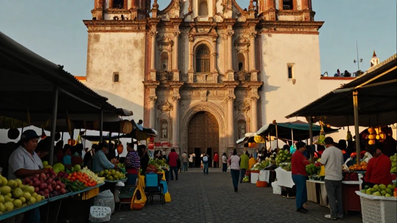 Fachada barroca en mercado mexicano, luz dorada