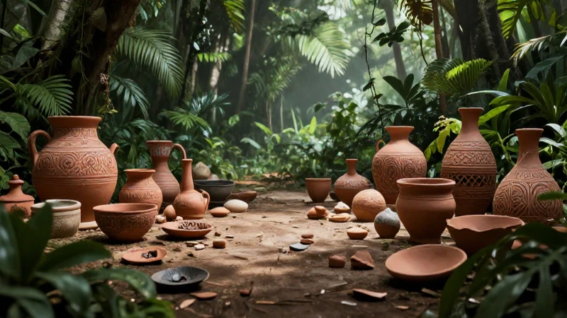 Cerámica antigua en selva, render hiperrealista