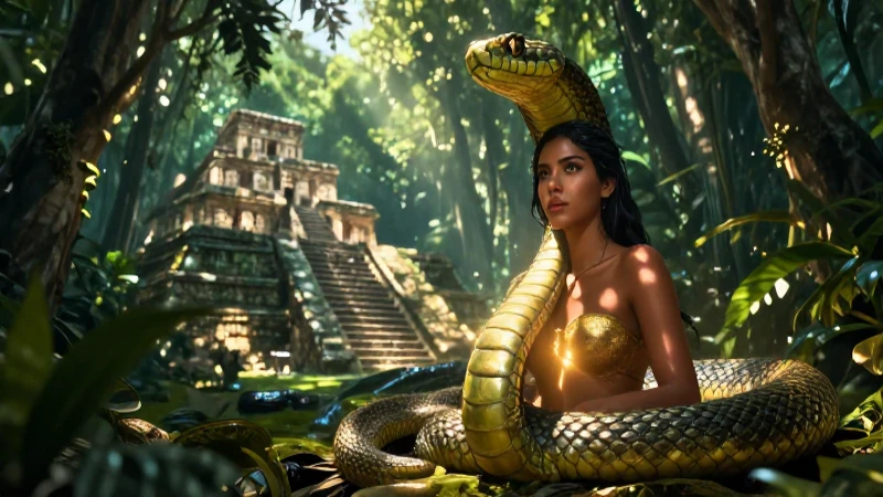 Serpiente antigua, selva mística, mujer intensa