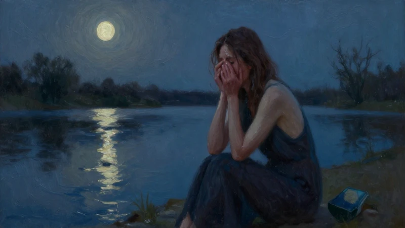 Mujer llora junto al río, bajo la luna