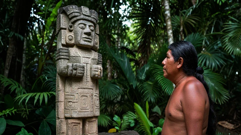 Estatua antigua en jungla, evocadora historia
