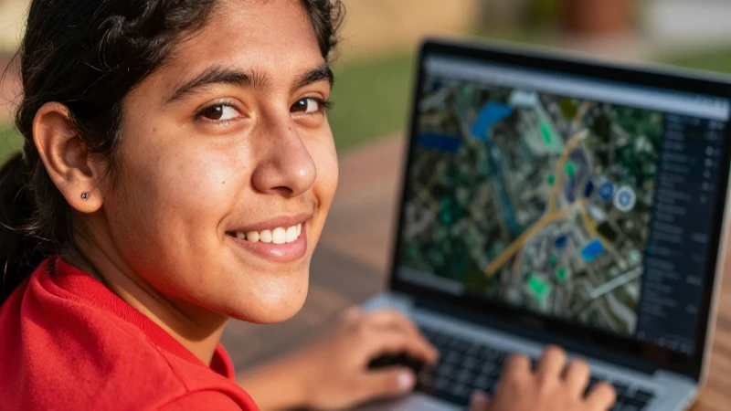 Mexicana sonriente con piel radiante y laptop