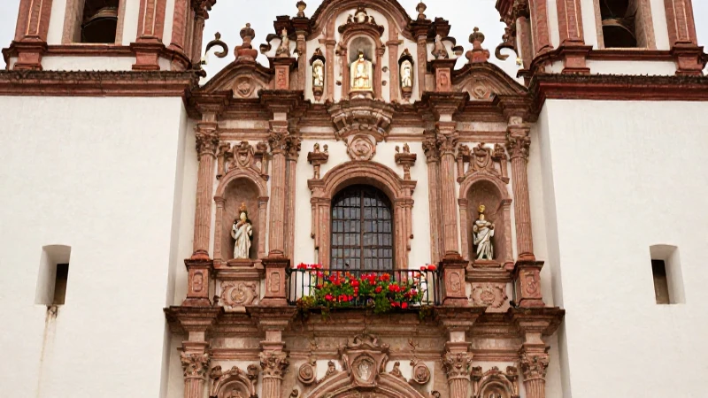 Fachada de iglesia con flores y luz cálida
