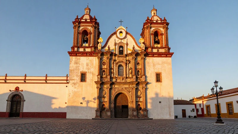 Fachada mexicana, luz dorada, arquitectura detallada