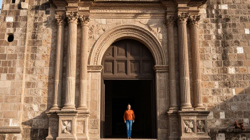 Fachada de iglesia colonial, luz cálida y simétrica