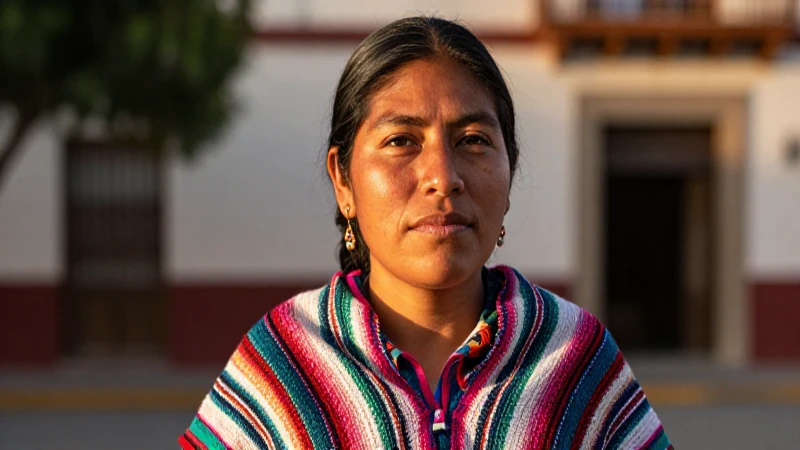 Mujer indígena con chal tejido al atardecer
