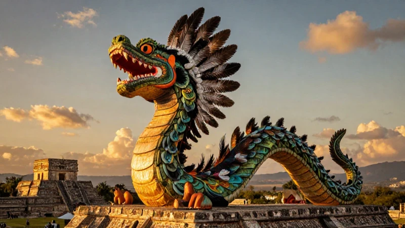 Mitos y Leyendas de México: Historias que Te Sorprenderán 8 Quetzalcóatl, legendaria serpiente emplumada, en paisaje mexicano