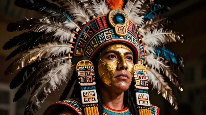 Emperador azteca con máscara dorada y plumas