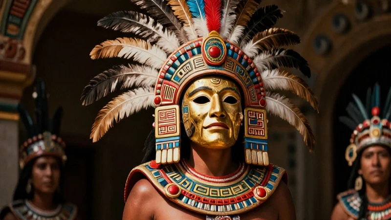 Emperador azteca con máscara dorada y plumaje