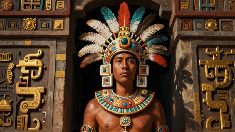 Emperador azteca, oro y detalles vibrantes