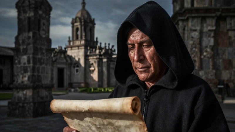 Inquisición Episcopal en México: Revela Misterios Ocultos 4 Monasterio antiguo, figura sombría y etérea