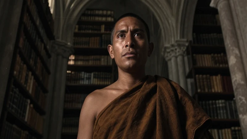 Inquisición Episcopal en México: Revela Misterios Ocultos 5 Monje mestizo en biblioteca gótica y sombría