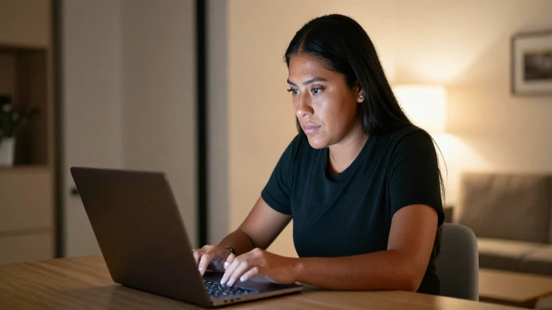Mexicana, laptop, hogar moderno, luz cálida