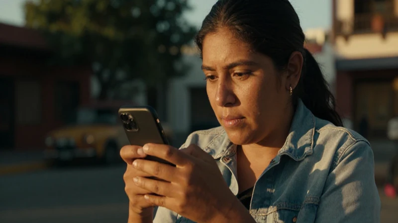 Mexicano, mestizo, usando un móvil al atardecer