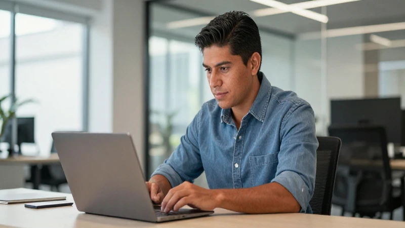 Mexicano mestizo trabaja en laptop en oficina