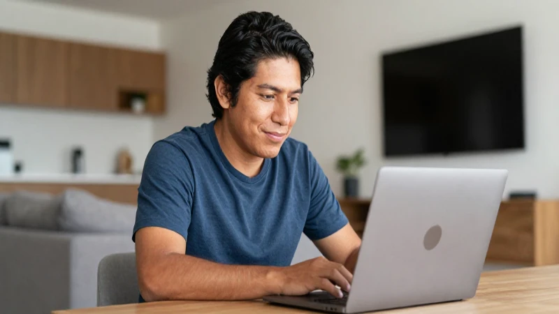 Mexicano mestizo usa laptop en casa