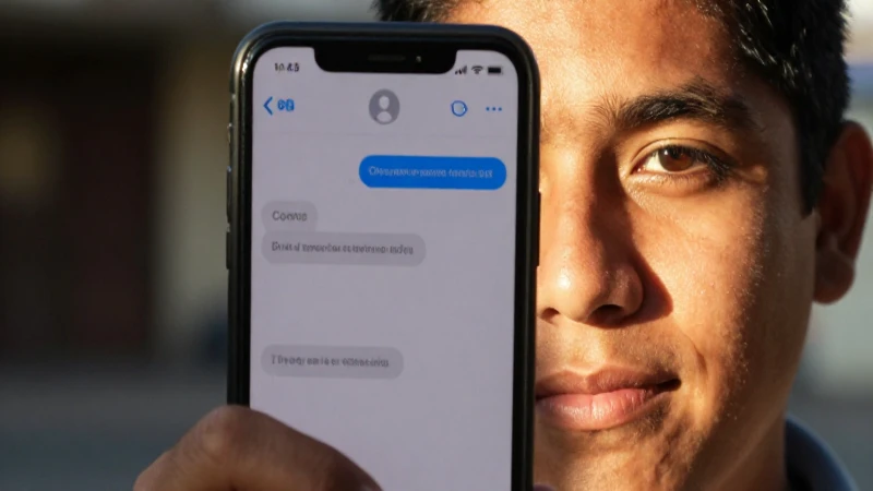 Un teléfono muestra mensajes, rostro mestizo soleado