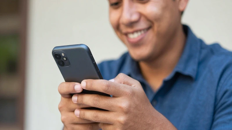 Persona mexicana sonríe con su celular