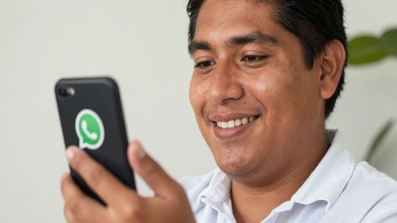 Mexicano sonriente usando WhatsApp en luz cálida