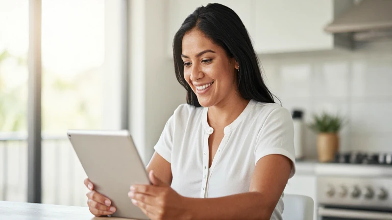 Mujer mestiza sonriente mirando una tableta