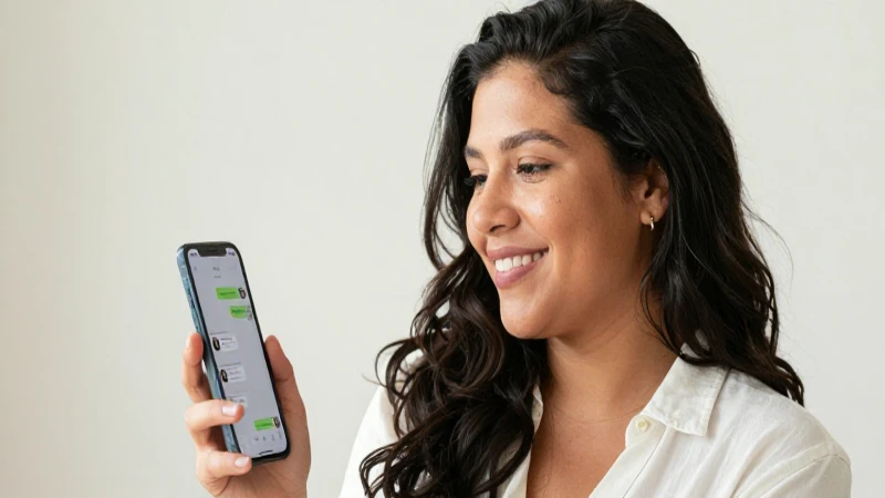 Mujer mestiza sonriente usa su celular