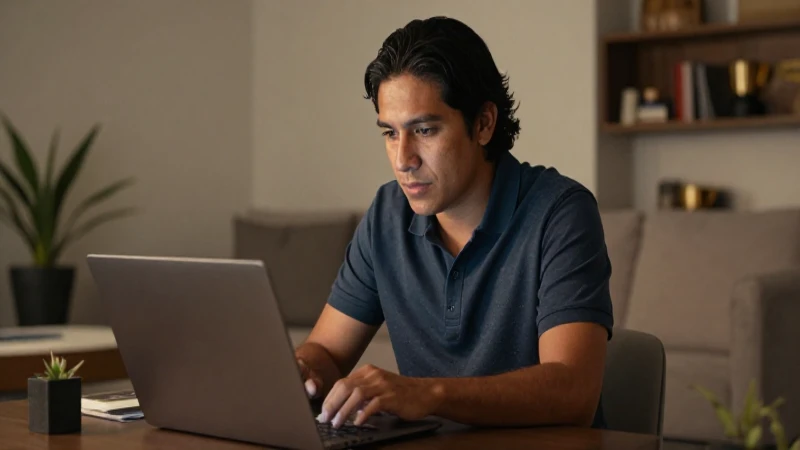 Mexicano mestizo con laptop en hogar moderno