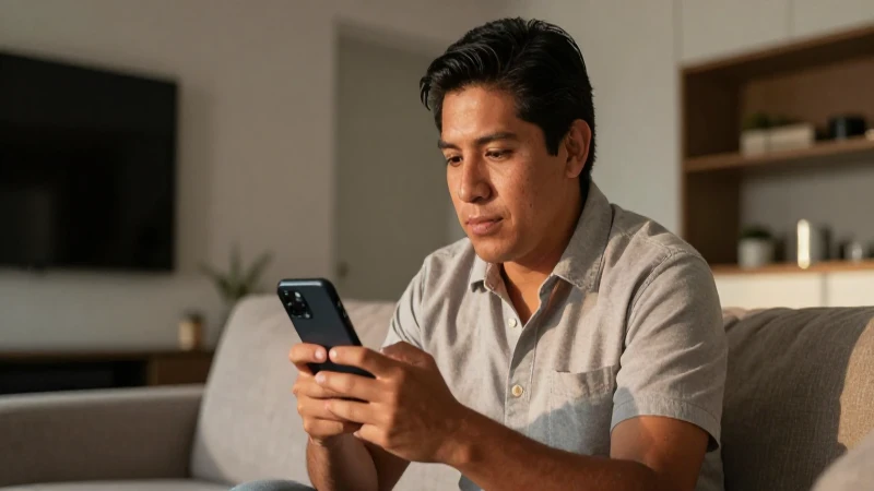 Mexicano mestizo con móvil en sala moderna