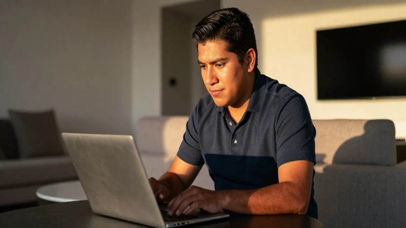 Mexicano mestizo usa laptop en casa