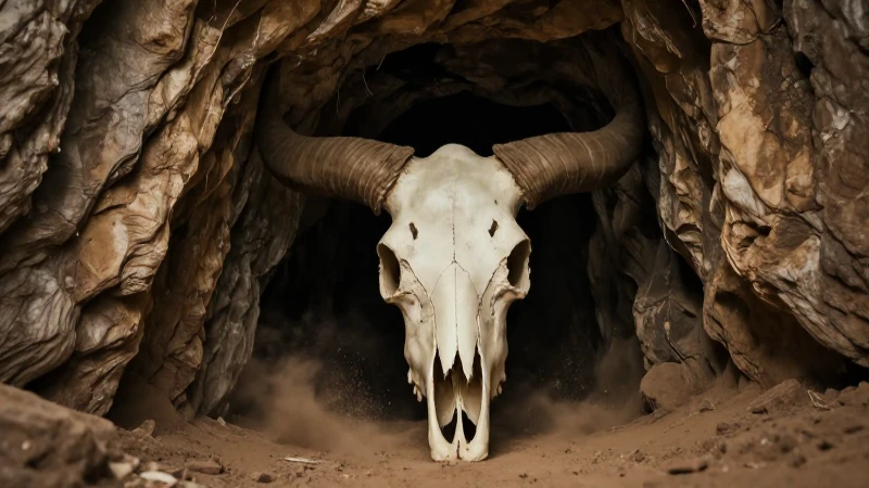 La Cueva del Toro: MISTERIOS y LEYENDAS que ENAMORAN 6 Impresionante entrada con cráneo de toro iluminada