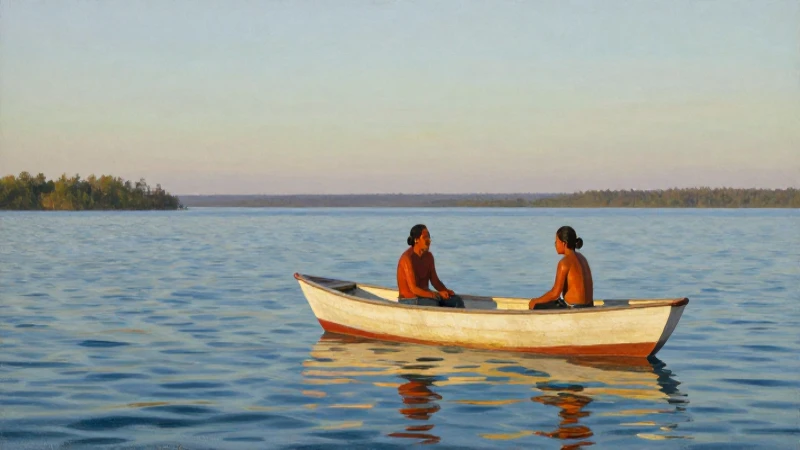 Pintura realista de una laguna al atardecer