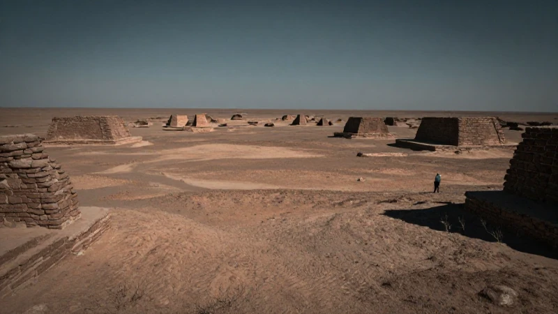 Ruinas solares, figura lejana, atmósfera desértica