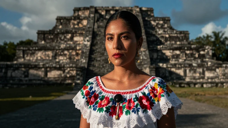 Mujer mestiza, tradicional, en ruinas antiguas