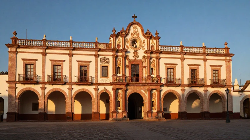 Edificio colonial con luz dorada y sombras suaves