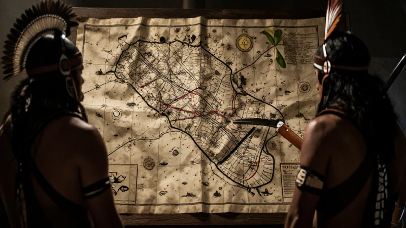 Guerreros indígenas en mapa colonial, cinematográfico