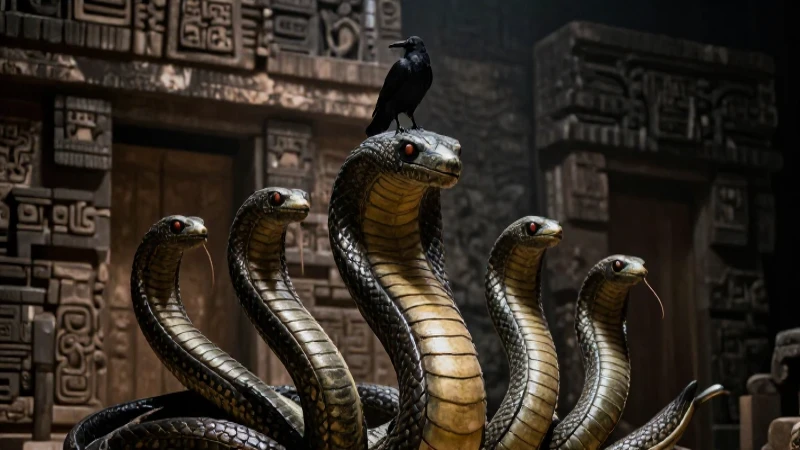 La SERPIENTE de 7 CABEZAS: Descubre su MISTERIO y LEGADO 4 Serpiente azteca imponente en ruinas antiguas