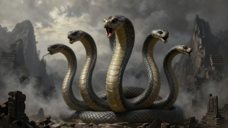 La SERPIENTE de 7 CABEZAS: Descubre su MISTERIO y LEGADO 5 Pintura hiperrealista de una serpiente en ruinas antiguas