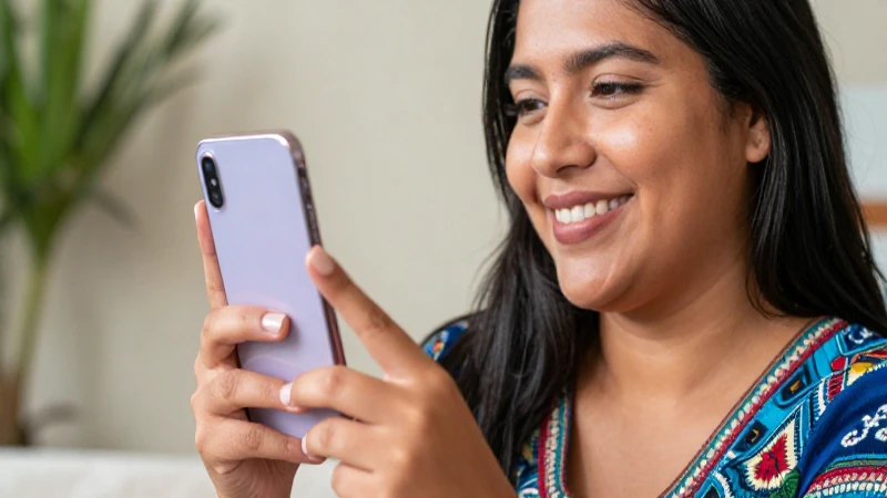 Mujer mexicana sonríe con su móvil