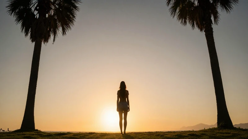 Mujer, atardecer, palmera y luz dorada