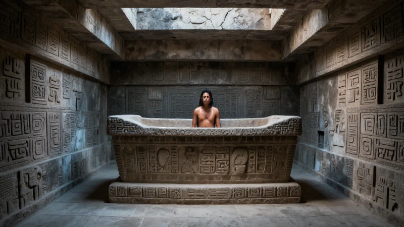 Tumba maya con sarcófago iluminado cinematográficamente