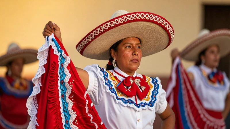 Bailarina mexicana, cálida luz dorada, estilo pictórico