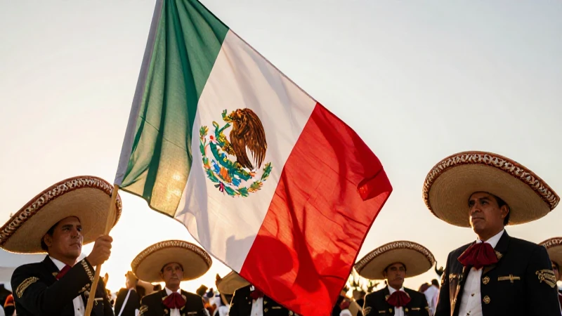 Mariachi, bandera mexicana, luz cálida y vibrante