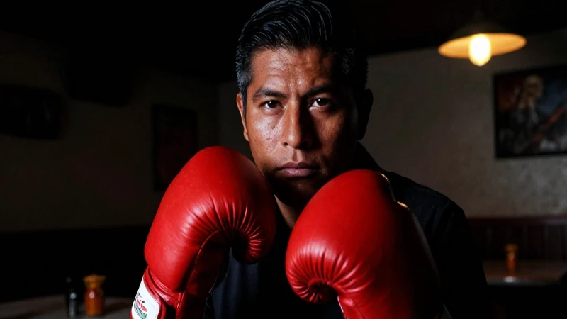 Boxeador mestizo, cansado, en cantina oscura
