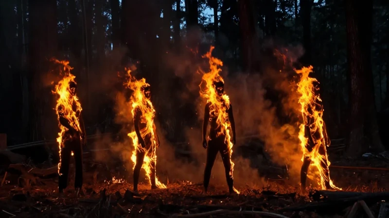 Leyenda de Durango: 10 MITOS y HISTORIAS que NO CONOCES 8 Hombres ardiendo en bosque oscuro y dramático