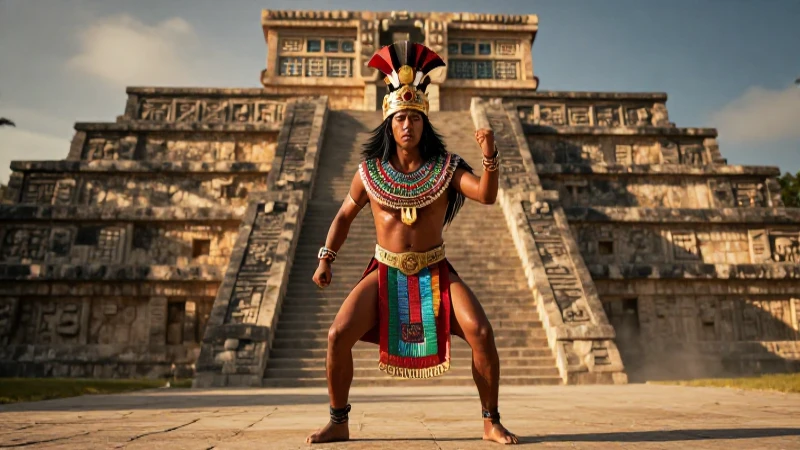 Leyendas de la CDMX: Mitos que Te Dejarán Sin Aliento 3 Guerrero azteca en ruinas, atmósfera mística